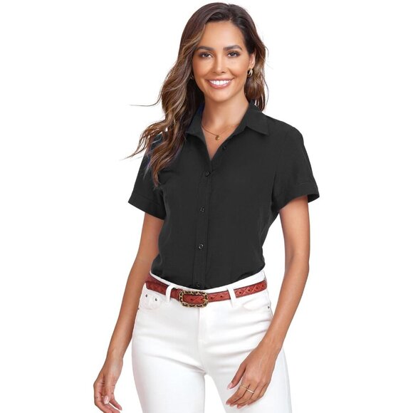 Tops - Women's Short Sleeve Button Down Shirt Polyester Spandex Office Casual